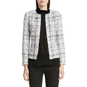 Lafayette 148 Noelle Tweed Boucle Peplum Jacket Zip Up Pockets Black White 14